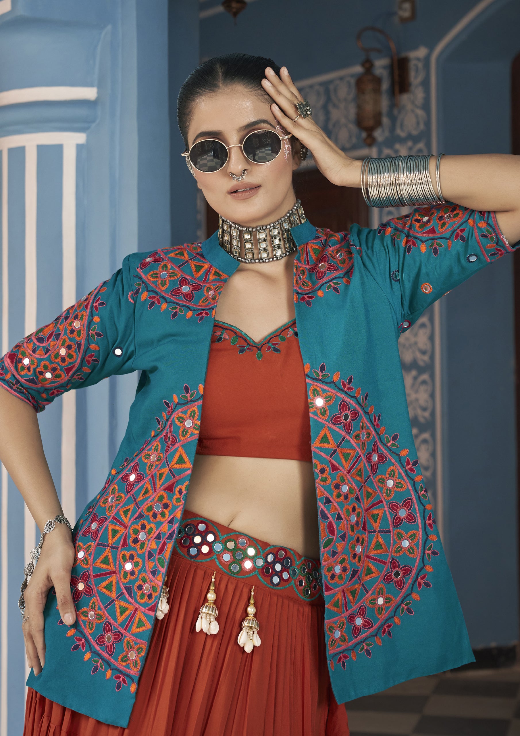 Multi Color Viscose Rayon Embroidered Navratri Lehenga With Jacket